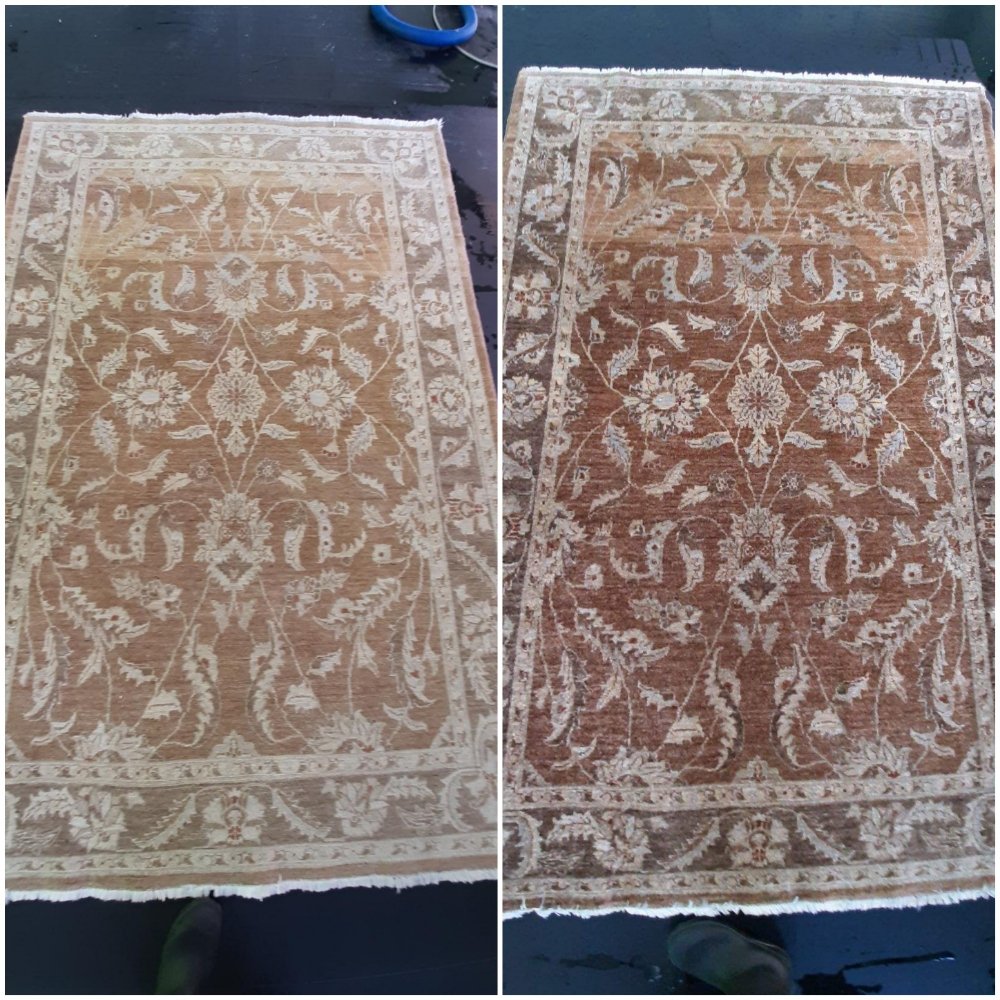 Before and after cleaning a brown Persian wool rug