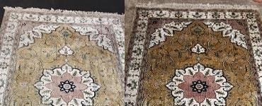 Before and after cleaning a cream medallion silk rug
