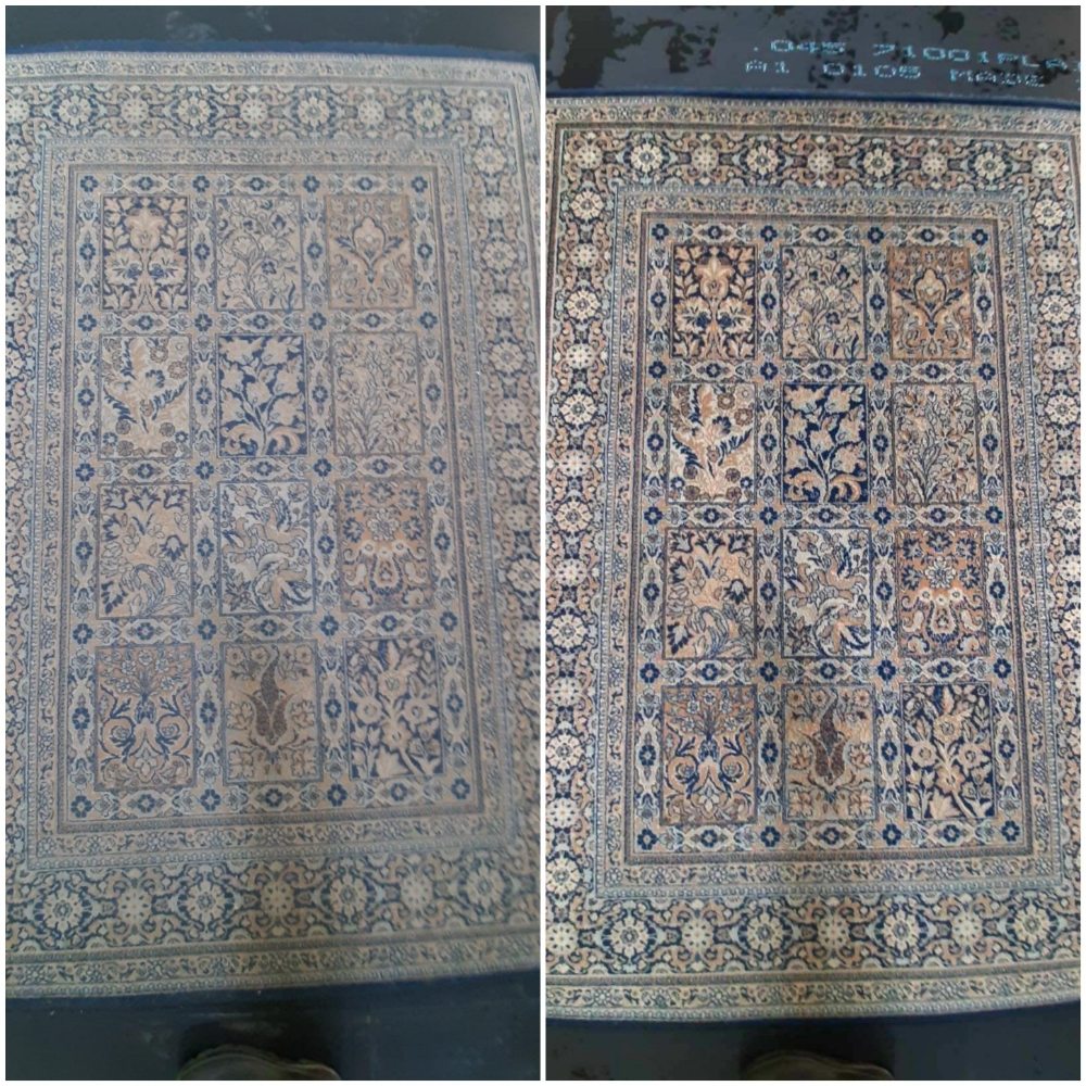 Before and after cleaning a blue panel-design area rug