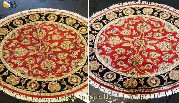 Before and after cleaning a round red Oriental rug