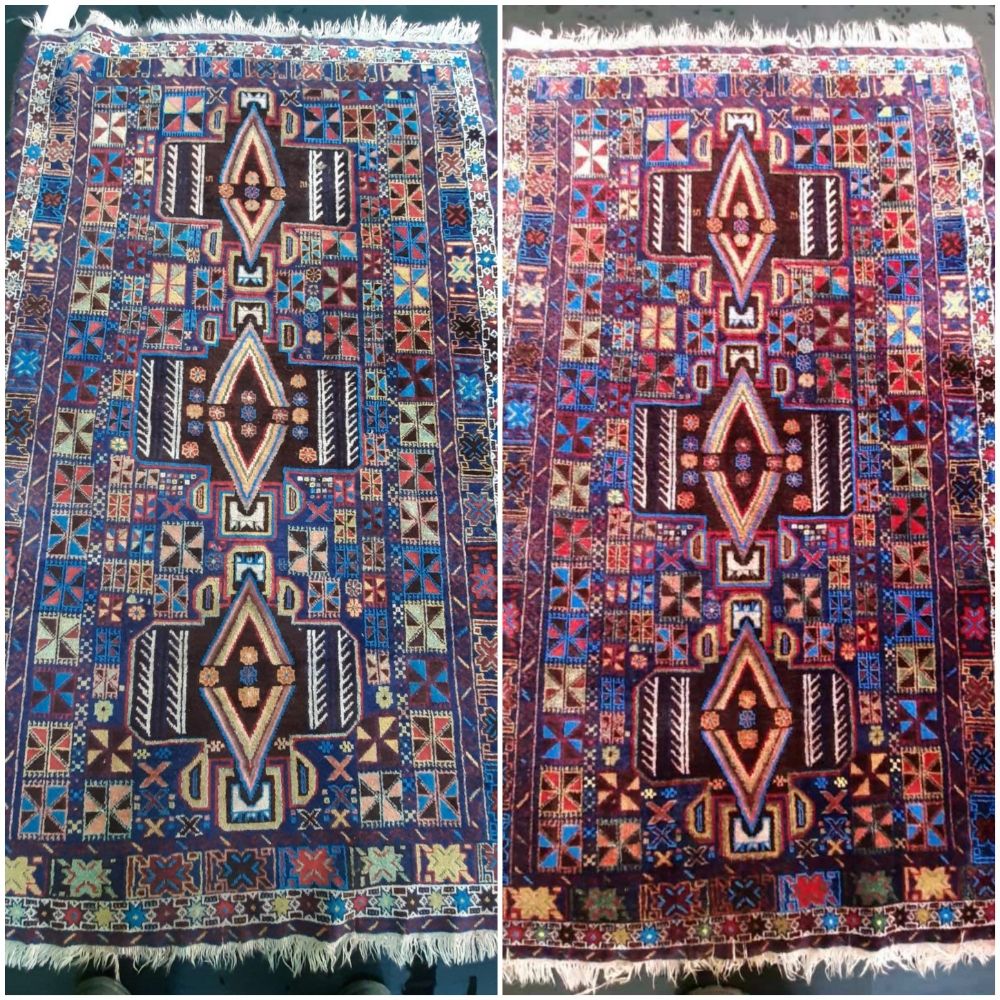 Before and after cleaning a hand-knotted tribal wool rug