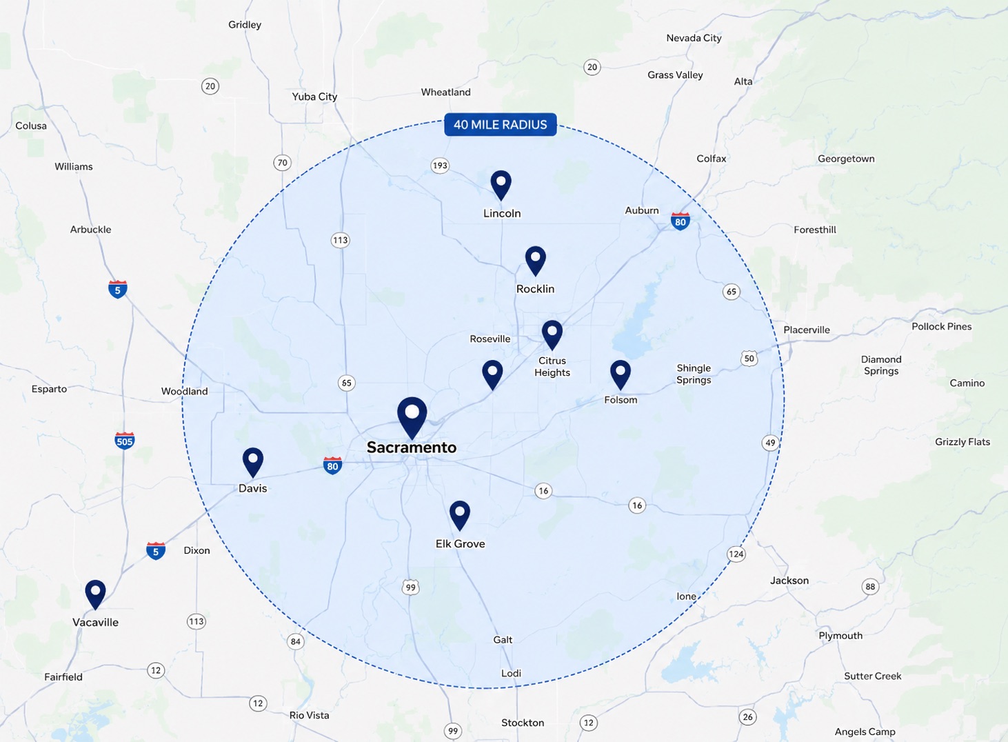 The Rug Specialists service area map across Greater Sacramento — 40 mile radius